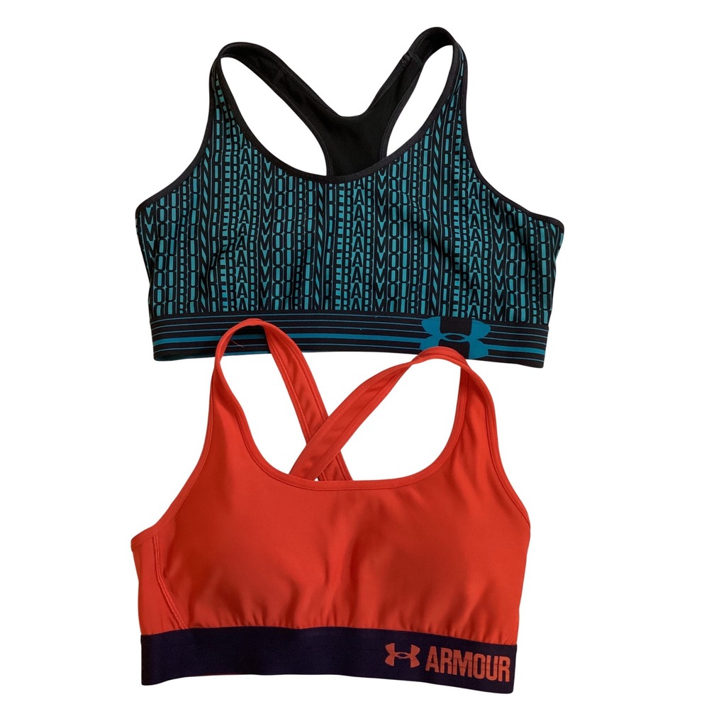 Under Armour Womens HeatGear Sports Bra Bundle Racerback Criss‎ Cross Teal Red